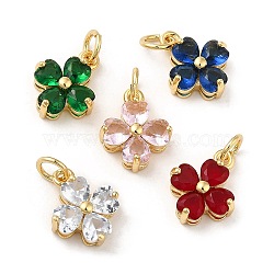 Brass Pendants, with Cubic Zirconia, Lead Free & Cadmium Free, Clover Charms, Real 18K Gold Plated, Mixed Color, 13x10x5mm, Hole: 3.4mm(KK-M249-35G)
