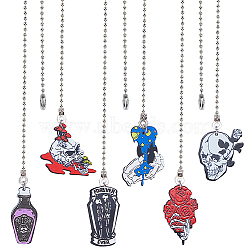 Halloween Printed Acrylic Pendant Ceiling Fan Pull Chain Extenders, Bottle/Skull with Mushroom/Skull with Heart Pendant Decoration, with Iron Ball Chains, Platinum, 361~365mm, 6 style, 1pc/style, 6pcs/set(AJEW-AB00135)