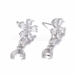 925 Sterling Silver Stud Earring Findings, with Micro Pave Cubic Zirconia, Bar Links and Ice Pick Pinch Bail, Flower, Carved 925, Platinum, 22.8mm, Pin: 0.8mm(STER-F048-32P)