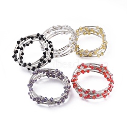 Five Loops Fashion Wrap Bracelets, with Rondelle Glass Beads, Iron Spacer Beads, Brass Tube Beads and Steel Memory Wire, Platinum, Mixed Color, 2 inch(5.2cm)(BJEW-JB04595)