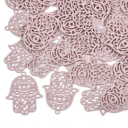 430 Stainless Steel Filigree Pendants, Spray Painted, Etched Metal Embellishments, Hamsa Hand/Hand of Fatima/Hand of Miriam with Eye, Pink, 23x18x0.3mm, Hole: 1.4mm(STAS-T042-15E)