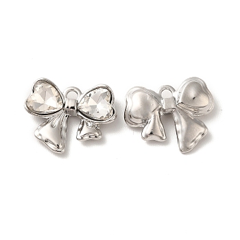 Rack Plating Alloy Charms, Nickel Free, with Glass, Bowknot with Heart Charms, Platinum, Clear, 13x16.5x4mm, Hole: 1.6mm