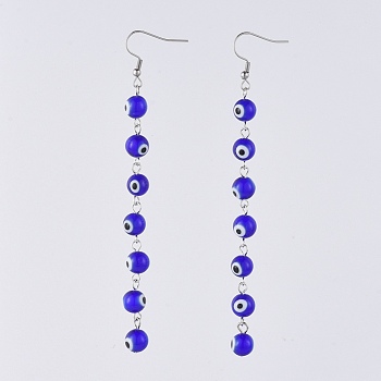 Dangle Earrings, with Handmade Evil Eye Lampwork Beads, 316 Surgical Stainless Steel Earring Hooks and Iron Pins, Blue, 110mm, Pin: 0.8mm