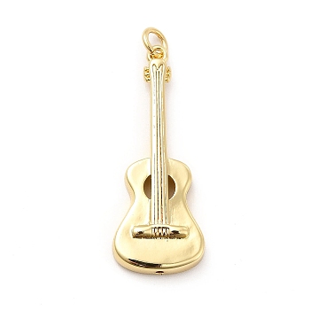 Rack Plating Brass Pendants, Long-Lasting Plated, with Jump Rings, Cadmium Free & Lead Free, Guitar Charm, Real 18K Gold Plated, 35.5x13.5x4mm, Hole: 3mm, ring: 5x0.9mm