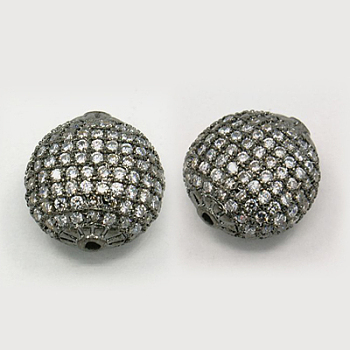 Brass Cubic Zirconia Beads, Oval, Gunmetal, 16x15x9mm, Hole: 2mm