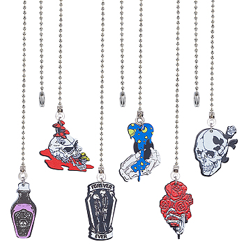 Halloween Printed Acrylic Pendant Ceiling Fan Pull Chain Extenders, Bottle/Skull with Mushroom/Skull with Heart Pendant Decoration, with Iron Ball Chains, Platinum, 361~365mm, 6 style, 1pc/style, 6pcs/set