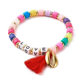 Word Love Beads Stretch Bracelet for Girl Women, Cowrie Shell Shape & Tassel Charm Bracelet, Golden, Colorful, Inner Diameter: 2-1/8 inch(5.5cm)