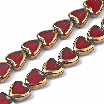 Electroplate Glass Beads Strands, Edge Plated, Heart, Red, 8x8x4mm, Hole: 1mm, about 35pcs/strand, 10.24 inch (26cm).