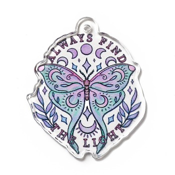 Halloween Printed Acrylic Pendants, Word Always Find The Light, Butterfly Pattern, 43x35x2.3mm, Hole: 2.3mm