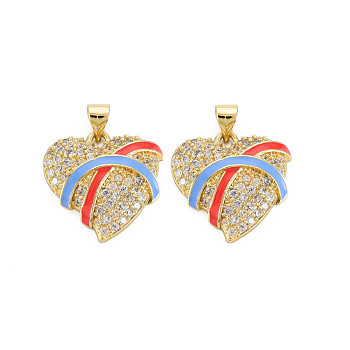 Brass Micro Pave Clear Cubic Zirconia Pendants, with Enamel and Brass Snap on Bails, Golden, Heart, Deep Sky Blue, 19x19x5mm, Hole: 3x4.5mm