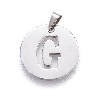 201 Stainless Steel Pendants, Flat Round with Letter, Stainless Steel Color, Letter G, 20x1.3mm, Hole: 4x3mm