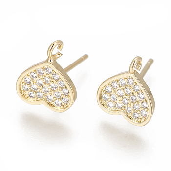 Brass Stud Earring Findings, with Cubic Zirconia and Loop, Heart, Clear, Golden, 10x9mm, Hole: 1.2mm, Pin: 0.8mm