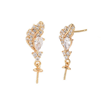 Feather Shape Brass Micro Pave Clear Cubic Zirconia Earring Findings, for Half Drilled Beads, Nickel Free, Real 18K Gold Plated, 21x6mm, Pin: 0.7mm, Pin: 0.7mm(for half drilled beads)