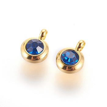304 Stainless Steel Rhinestone Charms, July Birthstone Charms, Flat Round, Cobalt, 9.3x6.5x4mm, Hole: 2mm