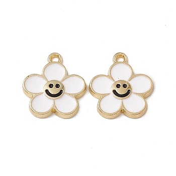 Alloy Enamel Pendants, Golden, Flower with Smiling Face Charm, White, 15x14x2mm, Hole: 1.4mm