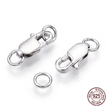 Rhodium Plated 925 Sterling Silver Lobster Claw Clasps, with Double Jump Rings, with 925 Stamp, Real Platinum Plated, 12x5.5x3mm, Hole: 3mm