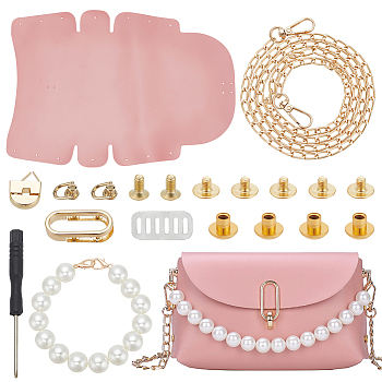 DIY Purse Making Kits, including Imitation Leather Craft Fabric, Imitation Pearl Bag Straps and Iron Findings, Pink, 21x13x6cm
