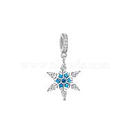 TINYSAND 925 Sterling Silver Snowflake European Dangle Charms, with Cubic Zirconia, Winter Blue Snowflake, Platinum, 28.56x16.53x8.22mm, Hole: 4.56mm(TS-P-225)