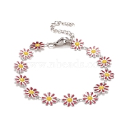 Enamel Daisy Link Chains Bracelet, 304 Stainless Steel Jewelry for Women, Stainless Steel Color, Blue Violet, 7-1/4 inch(18.4cm)(BJEW-P271-01P-04)