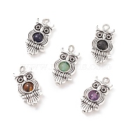 Natural Mixed Stone Pendants, Owl Charm, with Antique Silver Tone Alloy Findings, 23x11.5x4.5mm, Hole: 1.7mm(X-PALLOY-JF01714-01)