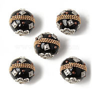 Handmade Indonesia Round Beads, with Glass Cabochons and Antique Silver Metal Color Double Alloy Cores, Black, 19~20mm, Hole: 3mm(IPDL-R443-01)