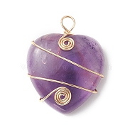 Natural Amethyst Copper Wire Wrapped Pendants, Heart Charms, Light Gold, 37.5~39x31~31.5x9~9.5mm, Hole: 4.5mm(PALLOY-JF02042-03)