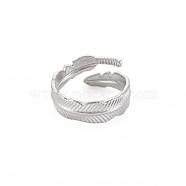 304 Stainless Steel Leaf Open Cuff Ring for Women, Stainless Steel Color, US Size 7 1/4(17.5mm)(RJEW-S405-196P)