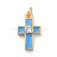 Cubic Zirconia Tiny Cross Charms, with Brass Findings and Enamel, Golden, Sky Blue, 15x9x2.5mm, Hole: 1.8mm(KK-G363-03G-04)