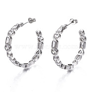 Brass Micro Pave Clear Cubic Zirconia Half Hoop Earrings, Stud Earrings, with Ear Nuts, Nickel Free, Ring, Platinum, 33.5x5.5mm, Pin: 1mm(EJEW-T046-011P-NF)