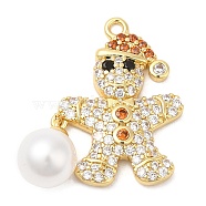 Rack Plating Brass Pave Cubic Zirconia Pendants, with Plastic Pearl, Long-Lasting Plated, Cadmium Free & Lead Free, Gingerbread Man, Real 18K Gold Plated, 21.5x20.5x7mm, Hole: 1.2mm(KK-R150-16G)