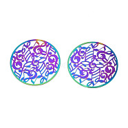 Ion Plating(IP) 201 Stainless Steel Filigree Cabochons, Etched Metal Embellishments, Musical Note, Rainbow Color, 35x0.2mm(STAS-S118-084)