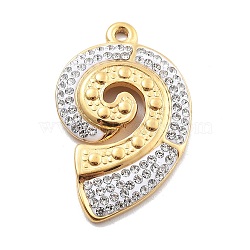 304 Stainless Steel Polymer Clay Rhinestone Pendants,  Vacuum Plating, Shell Shape, 28x17x3mm, Hole: 1.4mm(RESI-R155-012G-06)