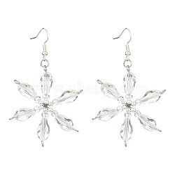 Christmas Snowflake Glass Dangle Earrings, Brass Earrings for Women, Silver, 65x39.5mm(EJEW-TA00507)