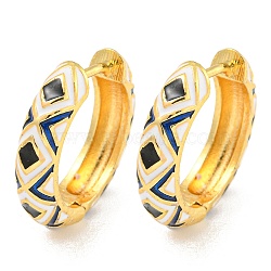 Rack Plating Rhombus Pattern Brass Enamel Hoop Earrings, Cadmium Free & Lead Free, Long-Lasting Plated, Real 18K Gold Plated, White, 19x4.5mm(EJEW-C102-47G-01)