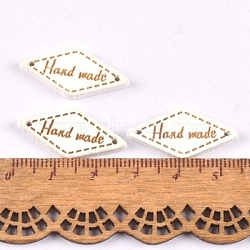 Schima Superba Wood Links, Rhombus with Word Handmade, White, 26x13.5mm, Hole: 1.5mm(WOOD-TAC0003-84A)