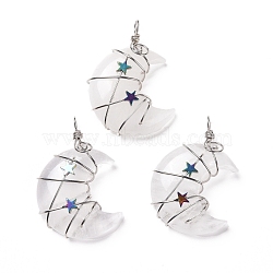 Natural Quartz Crystal Pendants, Rock Crystal Pendants, with Platinum Tone Brass Wire Wrapped and Hematite Star Beads, Cadmium Free & Lead Free, Moon, 45.5~47x32.5~33.5x11~12mm, Hole: 5mm(X-G-B023-01P-08)