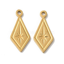 Manual Polishing 304 Stainless Steel Charms, Rhombus with Star Charm, Real 18K Gold Plated, 14.5x6.5x1mm, Hole: 1mm(STAS-P335-12G)
