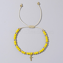 Bohemian Style Glass Braided Bead Bracelets for Women, Cross, Yellow(WV4296-9)