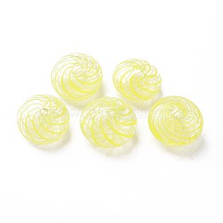 Transparent Handmade Blown Glass Globe Beads, Stripe Pattern, Flat Round, Yellow, 15x9.5~10.5mm, Hole: 1~2mm(GLAA-T012-47)