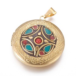 Handmade Indonesia Style Locket Pendants, with Brass Findings, Photo Frame Charms for Necklaces, Flat Round, Raw(Unplated), 35.5x32.5x8mm, Hole: 4x8mm(KK-K235-E)