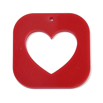 Printed Opeque Acrylic Pendants, Square with Heart, Red, 34.5x34.5x2.5mm, Hole: 1.5mm