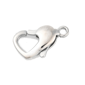 Tarnish Resistant 304 Stainless Steel Lobster Claw Clasps, Heart, Stainless Steel Color, 15x8.5x4mm, Hole: 1.5mm