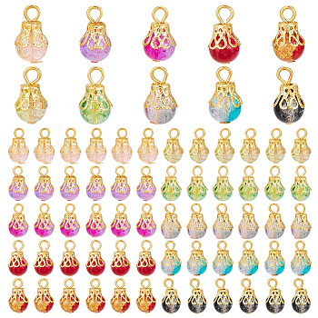 100Pcs 10 Color Crackle Glass Charms, with Iron Findings, Round, Golden, 15x8mm, Hole: 2.5mm, 10Pcs/color