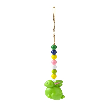 Easter Theme Plastic Rabbit Pendant Decorations, with Hemp Rope & Wooden Beads, Yellow Green, 260mm