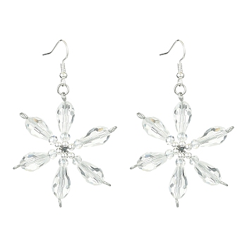 Christmas Snowflake Glass Dangle Earrings, Brass Earrings for Women, Silver, 65x39.5mm