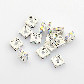 Brass Rhinestone Spacer Beads, Beads, Grade A, Square, Nickel Free, AB color, Clear AB, Silver Color Plated, Size: about 6mmx6mmx3mm, hole: 1mm