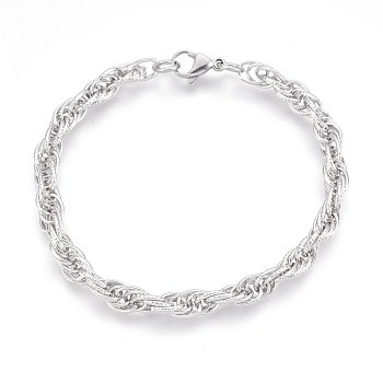 304 Stainless Steel Rope Chain Bracelets, with Lobster Claw Clasps, Stainless Steel Color, 8-3/8 inch(21.1cm), 6mm