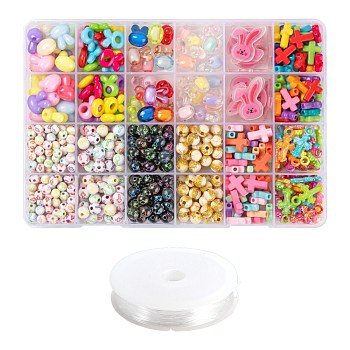 DIY Jewelry Making Kits for Easter, Including Opaque & Transparent Acrylic Beads, Acrylic Pendants and Elastic Crystal Thread, Mixed Color, 602pcs/set