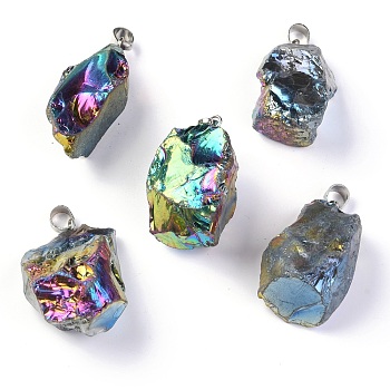 Rough Raw Electroplate Natural Crystal Quartz Pendants, with Platinum Tone Alloy Snap on Bails, Nuggets, Colorful, 17~34x17~24x11.5~18mm, Hole: 5.5x4.5mm
