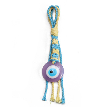 Flat Round with Evil Eye Resin Pendant Decorations, Cotton Cord Braided Tassel Hanging Ornament, Old Rose, 145mm